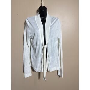 Hobbs Ribbed Collar Tie Cardigan Off White Linen Blend Thin Knit Size 14 Preppy